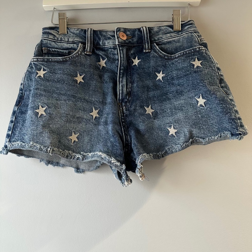 SO Star Embroidered Super High Rise Cutoff Denim Shorts Womens 5 27W Blue USA